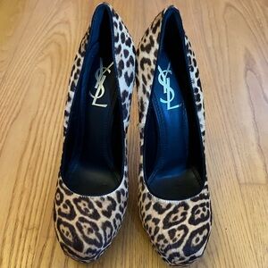 Yves Saint Laurent "Tribute Tribtoo" Leopard Pony Hair Platform Pumps